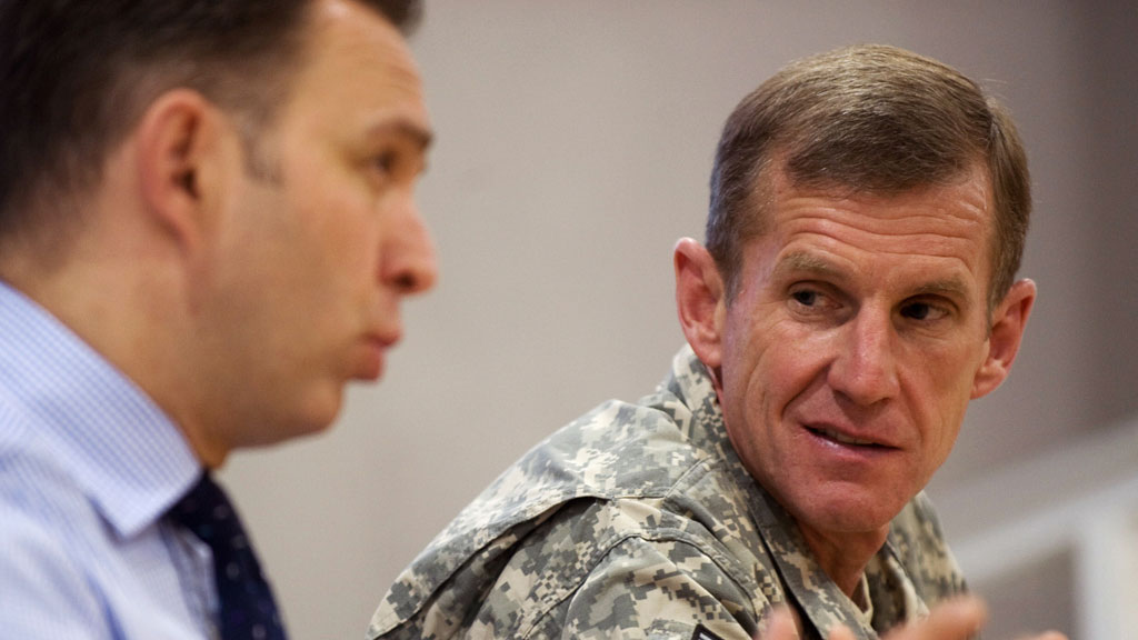 Former Afghanistan commander, General Stanley McChrystal, listens to Nato's senior civilian representative, Mark Sedwill, in Kabul in March 2010.