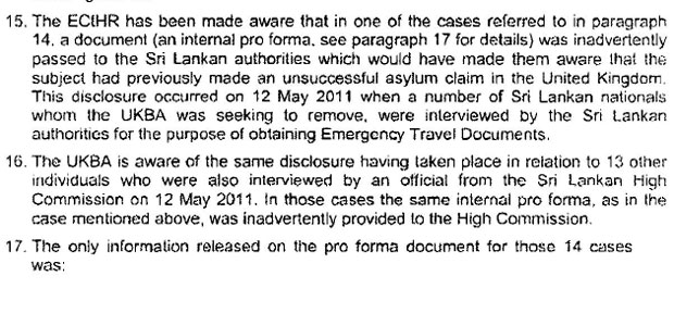 UKBA letter admitting disclosure of material to Sri Lankan government