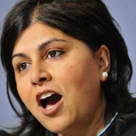 Britain's Baroness Warsi speaks at the Conservative Party Conference in Birmingham (Reuters)