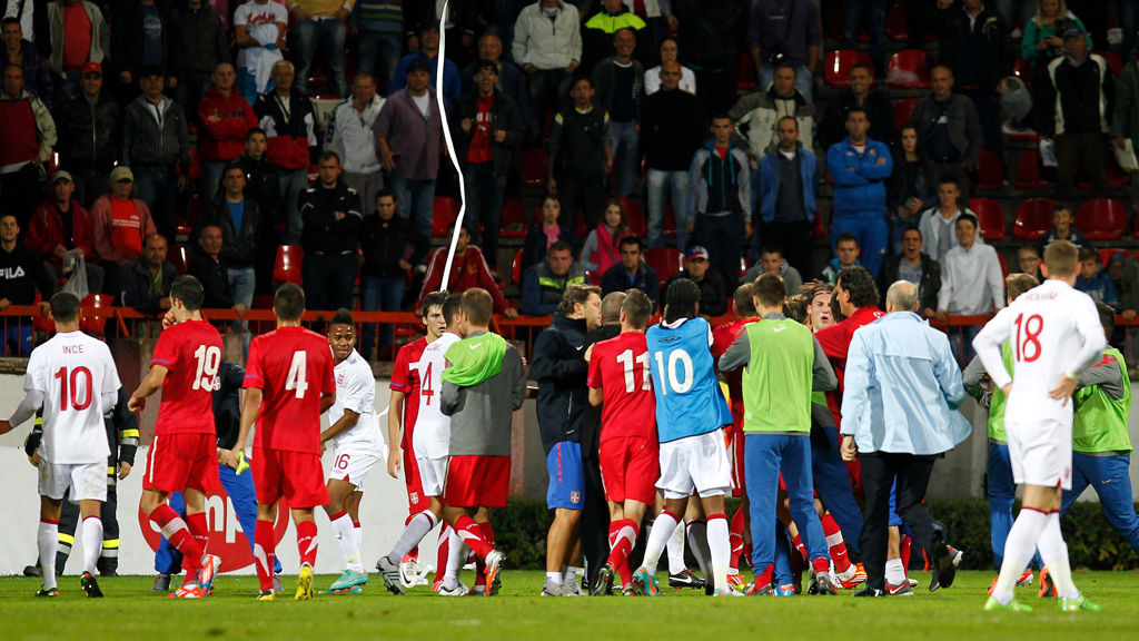 Players clash at the England vs Serbia Under 21 game (Getty)