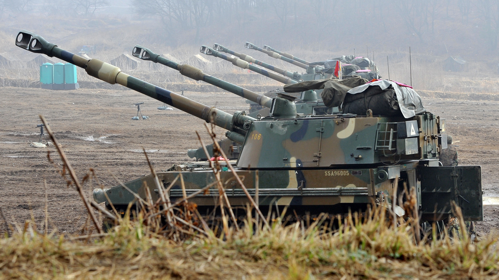 South Korean marines man K-55 self-propelled howitzers at a military training field in the border city of Paju (Getty)