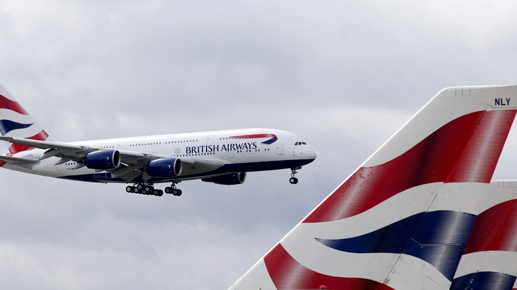 A British Airways A380 aircraft on landing approach at Heathrow airport 