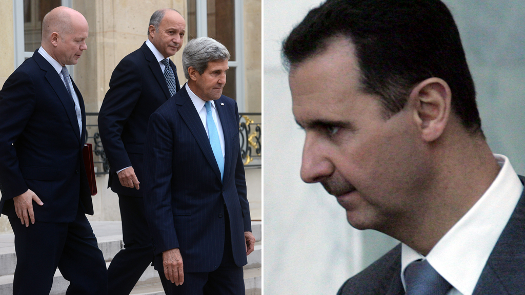 John Kerry says Assad has lost all legitimacy, as he holds a joint press conference with William Hague and Laurent Fabius (pictures: Getty)