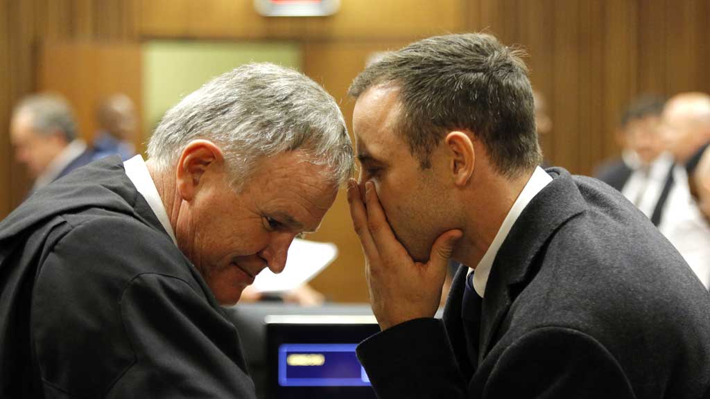 Barry Roux with defendant Oscar Pistorius, in court (R)