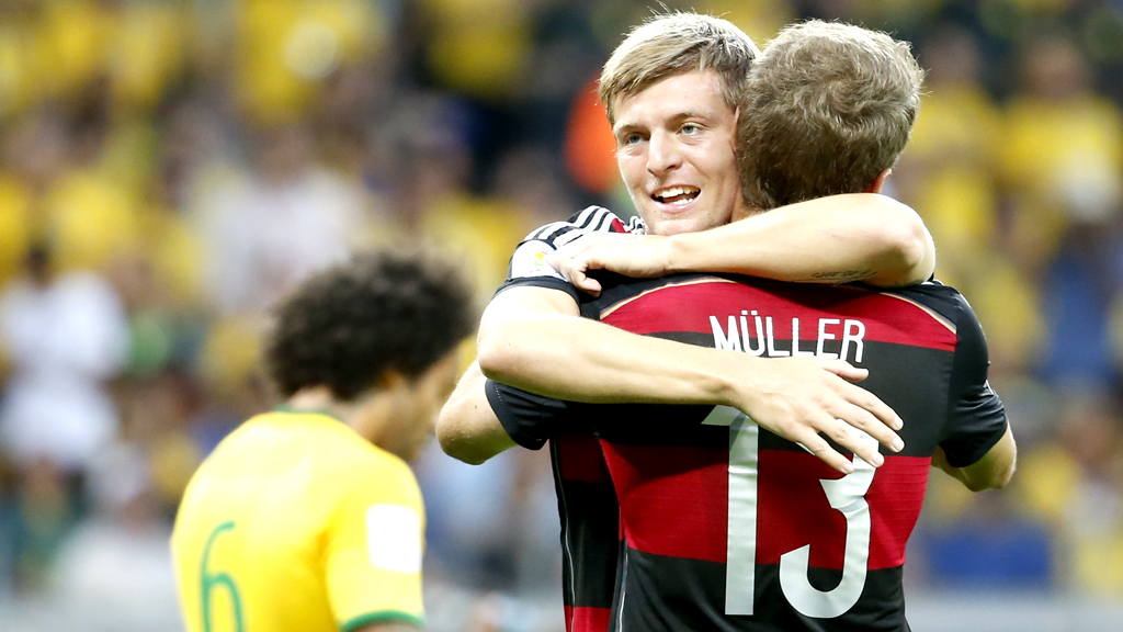 Germany celebrate in their 7-1 defeat of Brazil during the 2014 World Cup semifinal (Getty Images)