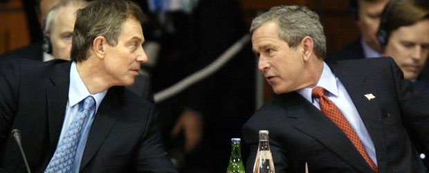 Iraq inquiry: Tony Blair and George W Bush speaking in late 2002. (Reuters)