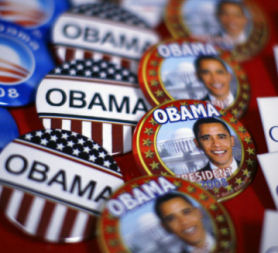 Barack Obama presidential campaign badges. Iowa made history in January 2008 as the first state to put a black candidate at the top of a presidential election poll. (Getty)